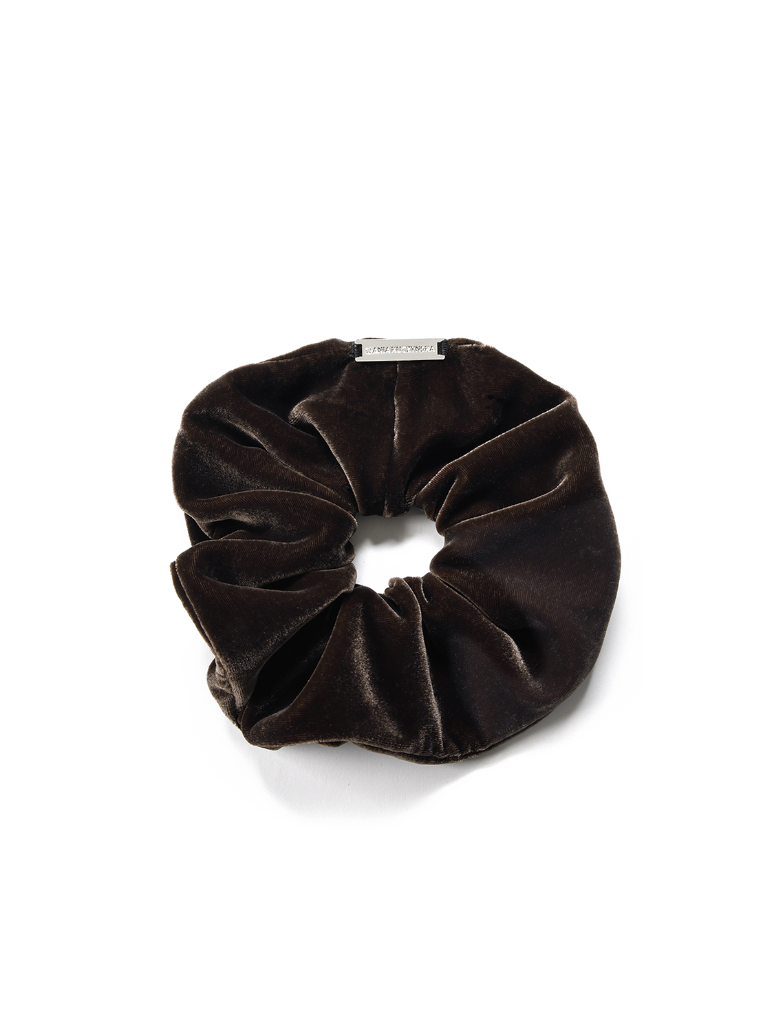 Roma Marrone scrunchie z jedwabnego weluru z ręcznie przyszytym logo
